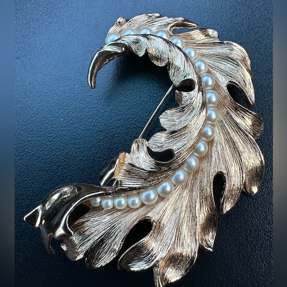 Vintage 1960s Signed Napier Faux-Pearl Leaf Runway Couture Brooch
